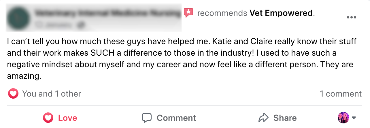 A message reading: I can't tell you how much these guys have helped me. Katie and Claire really know their stuff and their work makes SUCH a difference to those in the industry! I used to have such a negative mindset about myself and my career and now feel like a different person. They are amazing.