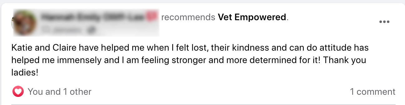 A message reading: Katie and Claire have helped me when I felt lost, their kindness and can do attitude has helped me immensely and I am feeling stronger and more determined for it! Thank you ladies!