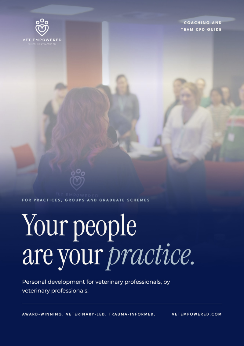 The cover of the Vet Empowered Practice Guide: a photo of a speaker addressing a group at a team workshop above a navy panel carrying the title Coaching and Team CPD guide, the line Your people are your practice, and vetempowered.com.