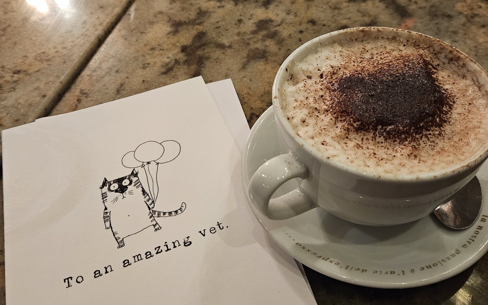 \"To an amazing vet\" card with a coffee