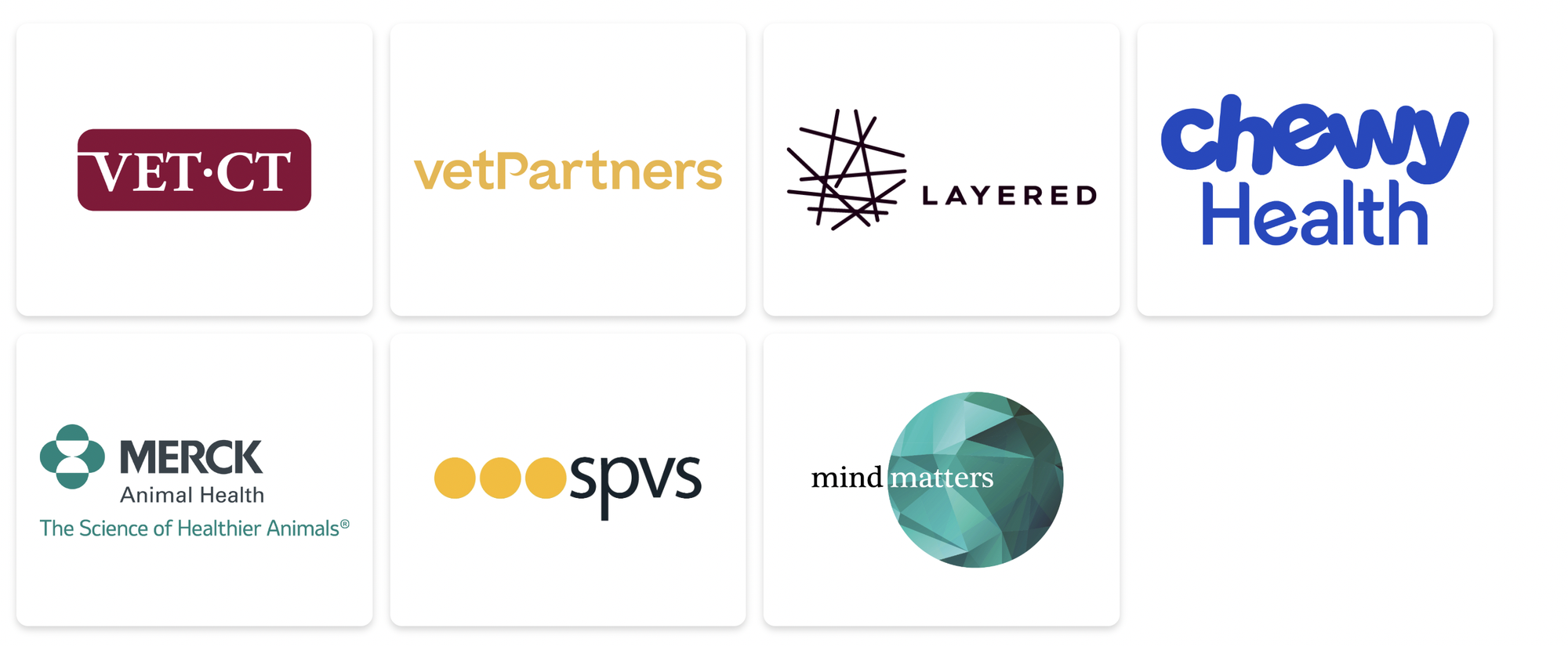 Logos of seven companies: VET-CT, vetPartners, Layered, Chewy Health, Merck, SPVS, and Mind Matters arranged in a grid on a white background.